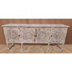 Hand Carved Sunburst White-Washed Buffet Table